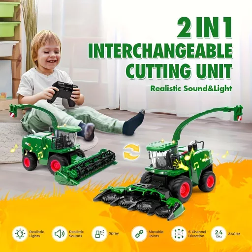 RC Traktor Kombájnnal és Világítással – 1:24 Méretarány, Tartós ABS, Akkumulátoros Traktor Játék