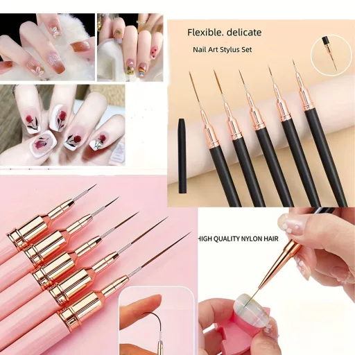5db Rózsaszín/fekete Nail Art Ecsetek A Részletekért, Long Nail Art Line Ecsetek Manikűrzselé Finom Mintákhoz