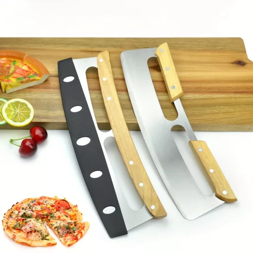 rozsdamentes acél pizzavágó dupla fa fogantyúval