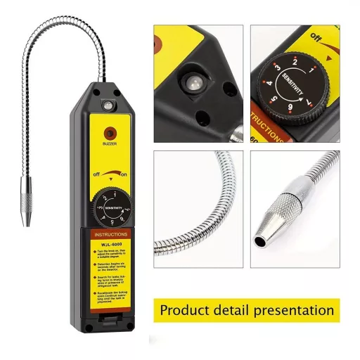 Hűtőközeg-szivárgásdetektor R134a, R410a, R22, R1234yf, CFC, HCFC, HFC és HFO gázokhoz, LED jelzővel