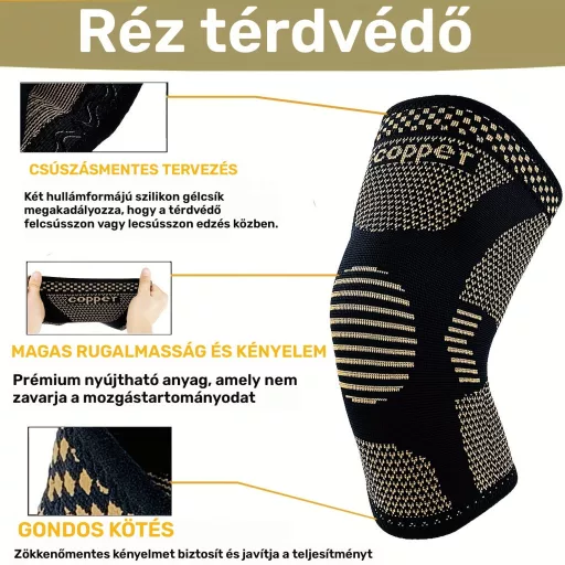 Rézbe átitatott kompressziós térdvédő, térdtámasz L méret (28 cm hosszú, felsőrész 17.5 cm, lábméret 42–48 cm)