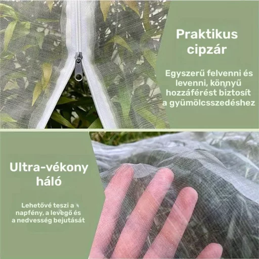 PE gyümölcsfa védőháló 120 × 180 cm, cipzárral és húzózsinórral, madár- és kártevő ellen