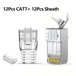   12 db CAT7 árnyékolt RJ45 csatlakozó dugó 8P8C, 8,5 mm védősapkával 12 db CAT7 + 12 db védősapka