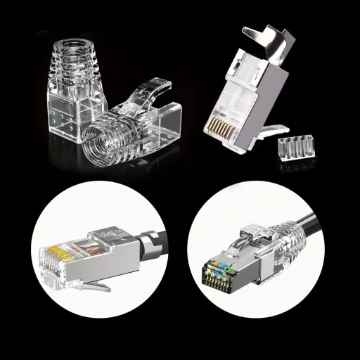 12 db CAT7 árnyékolt RJ45 csatlakozó dugó 8P8C, 8,5 mm védősapkával 12 db CAT7 + 12 db védősapka