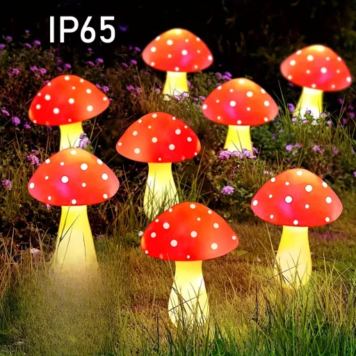 8 db napelemes kültéri piros gomba lámpa, IP65, terasz és út dekoráció, 8 világítási móddal