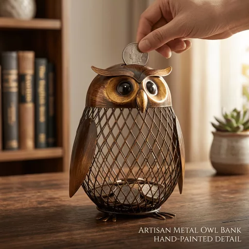 Bagoly alakú pénztárca, rozsdamentes kézzel készített fém pénzbank, sötétbarna retro Művészi festési befejezés