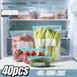   40 db újrahasználható húzózsinóros hűtőszekrény tároló frissességmegőrző zacskók, 20S+10M+10L 20S+10M+10L, 40 db