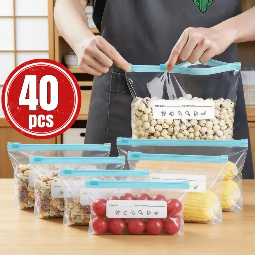 40 db újrahasználható húzózsinóros hűtőszekrény tároló frissességmegőrző zacskók, 20S+10M+10L 20S+10M+10L, 40 db