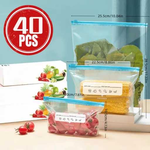 40 db újrahasználható húzózsinóros hűtőszekrény tároló frissességmegőrző zacskók, 20S+10M+10L 20S+10M+10L, 40 db