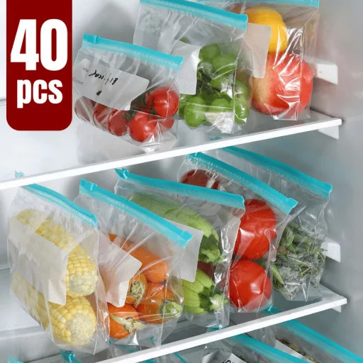 40 db újrahasználható húzózsinóros hűtőszekrény tároló frissességmegőrző zacskók, 20S+10M+10L 20S+10M+10L, 40 db